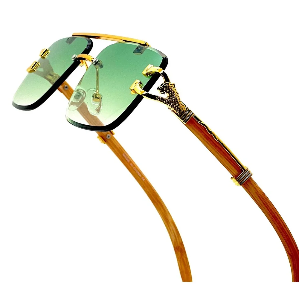 Mens Green Gradient Rimless Square Sunglasses‎ Gold Panther Luxury Hp Hop Rapper